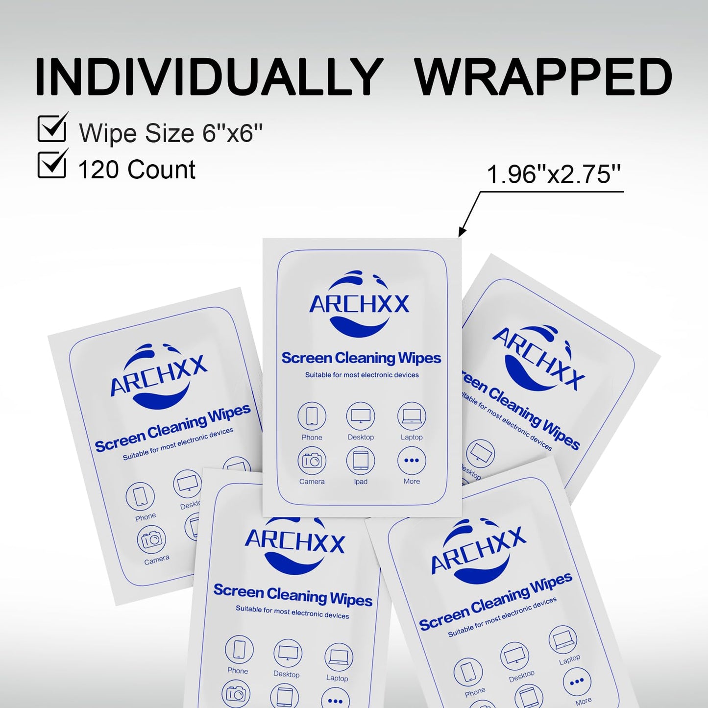 ARCHXX Screen Wipes for Electronics, 120 Count 6"x6" Pre-Moistened Screen Cleaner for Screens, Computer,Laptop,Tablet,Phone,Monitor,Car Screen Cleaner, Lens Wipes Individually Wrapped