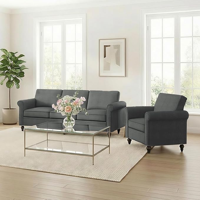 2 Piece Living Room Sofa Sets, Modern 3 Seater Sofa and Armchair Sets, Linen