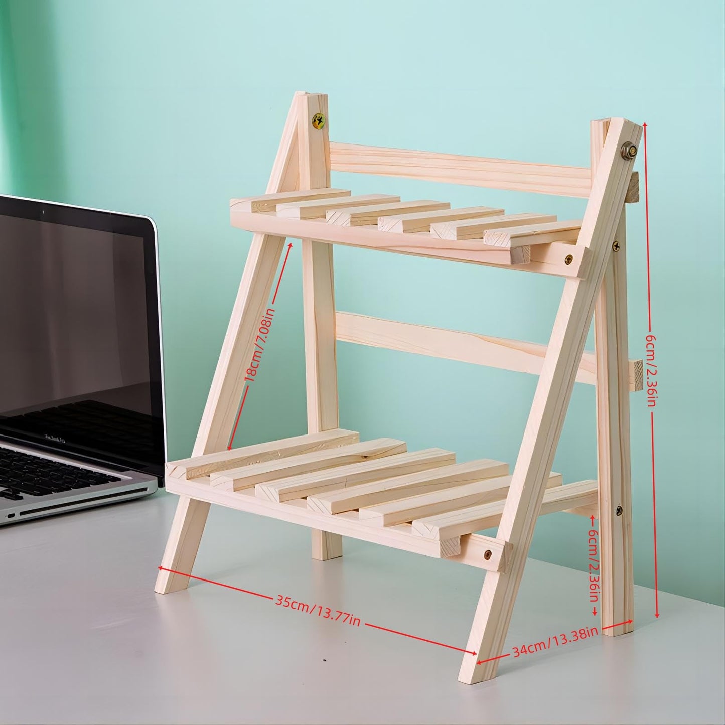 QruiLanTu 2 Tier Foldable Ladder Plant Stand Desktop Shelf Organizer Rack Wooden Display Risers For Selling L 13.3 x H 13.8 x D 7.1 in(DIY)