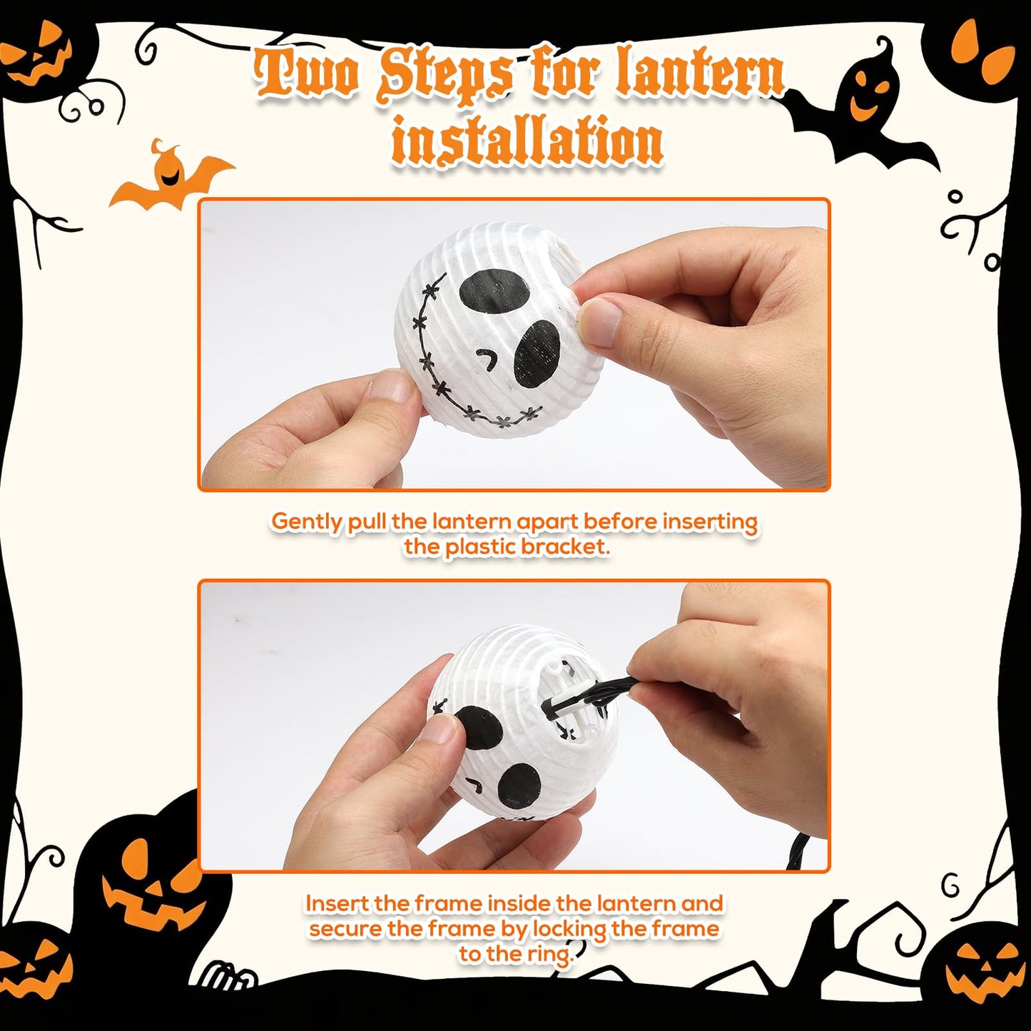 Brillarlights Halloween Decorations Ghost Lantern String Lights Plug in, 10 Pack Ghost Jack Skellington White Lantern Lights with Black Cord, Spooky Lights Outdoor for Halloween Spooky Mantel Decor