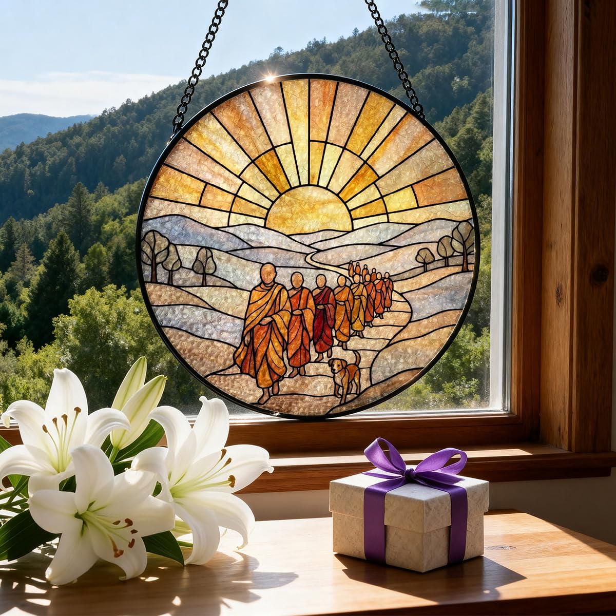 Stained Glass Window Hanging, Walk for Peace Monks with Aloka in Faux Stained Glass Landscape Panel Sun Catchers Decor for Birthday for Women, Men, Wife, Aunt, and Mom 7.87 in