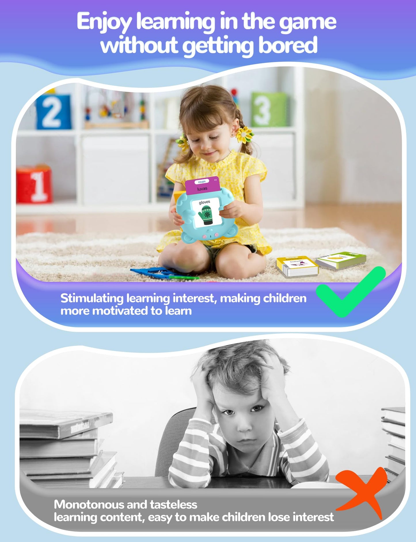 Portuguese and English Talking Flash Cards for Toddlers, 224 Sight Words Bilingual Learning Toys for Kids, Autism Pocket Speech Therapy Toys, Brazil Português Vocabulary Educational Flashcards
