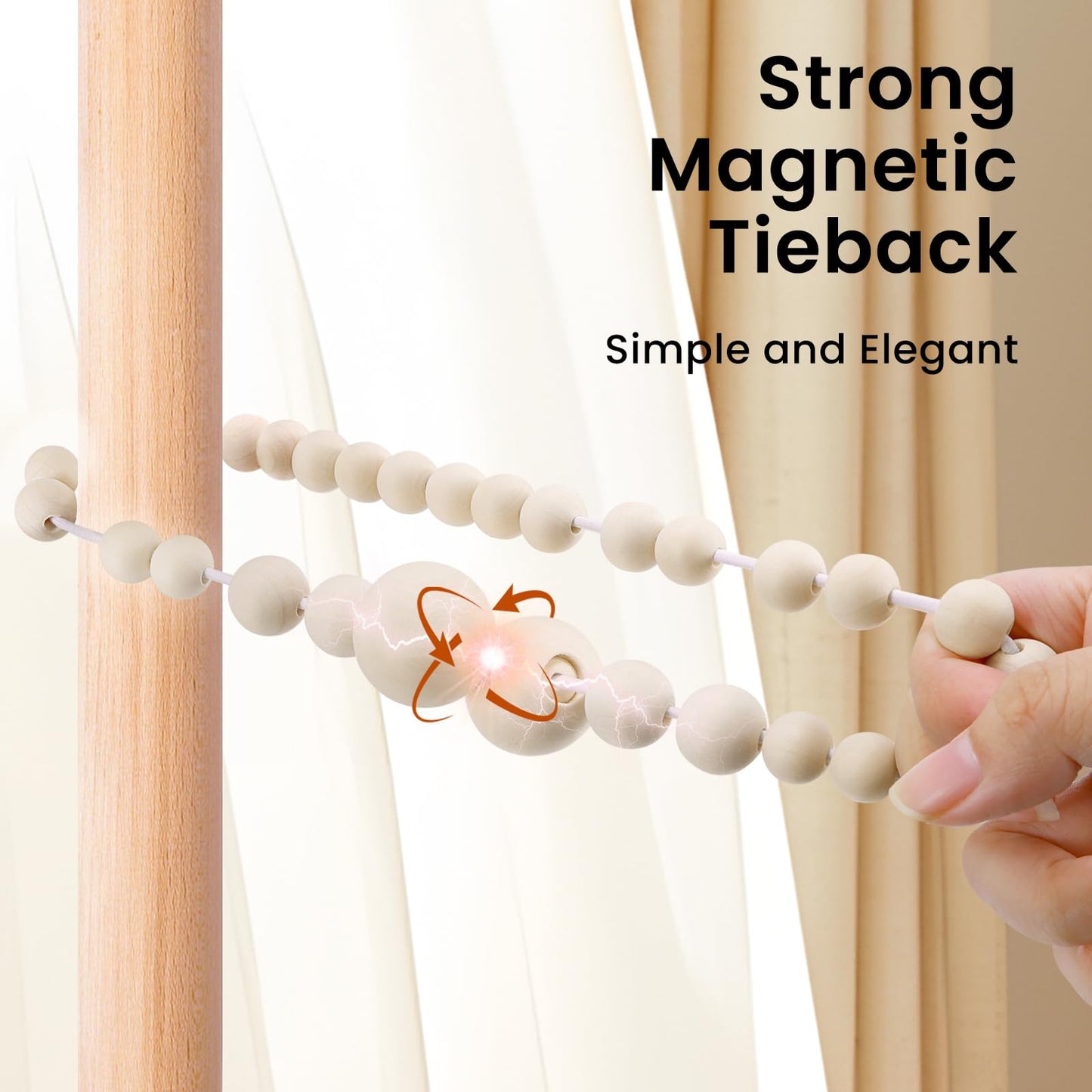 KLOGTSIND Magnetic Curtain Tiebacks, Curtain Tie Backs for Curtains 6 Pack, Wood Bead Curtain Tiebacks, Curtain Holders for Boho Bedroom Decor, Baby Nursery Decor, Farmhouse Decor