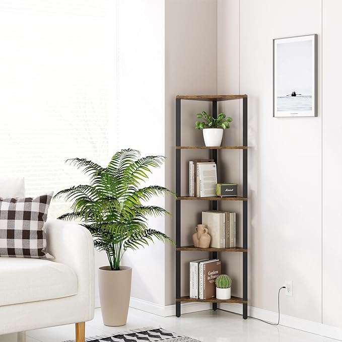 TUTOTAK Corner Shelf with LED Light, 5-Tier Corner Bookshelf