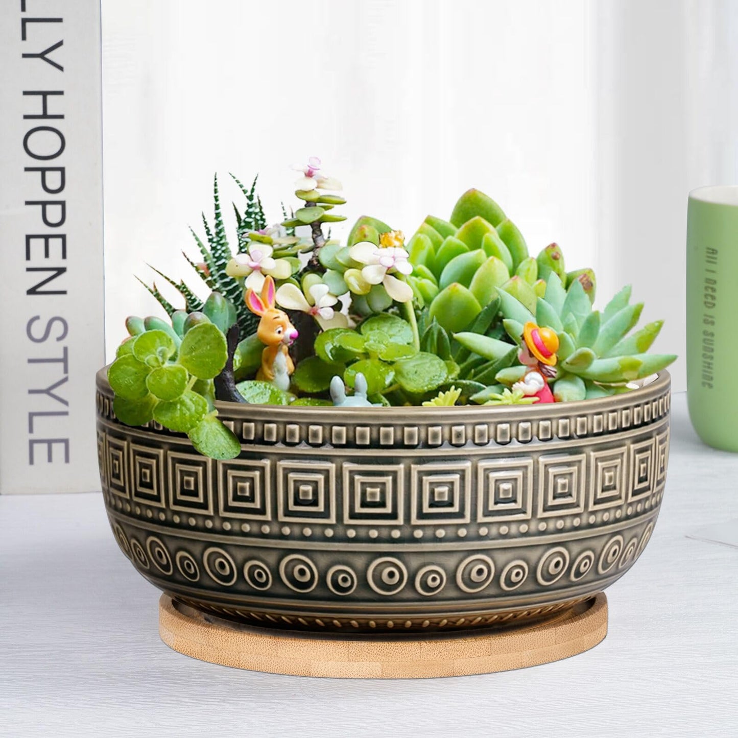 G EPGardening 8 Inch Ceramic Succulent Planter Pots Round Shallow Bonsai Planter Pot for Indoor Plants with Drainage and Bamboo Saucer Gray