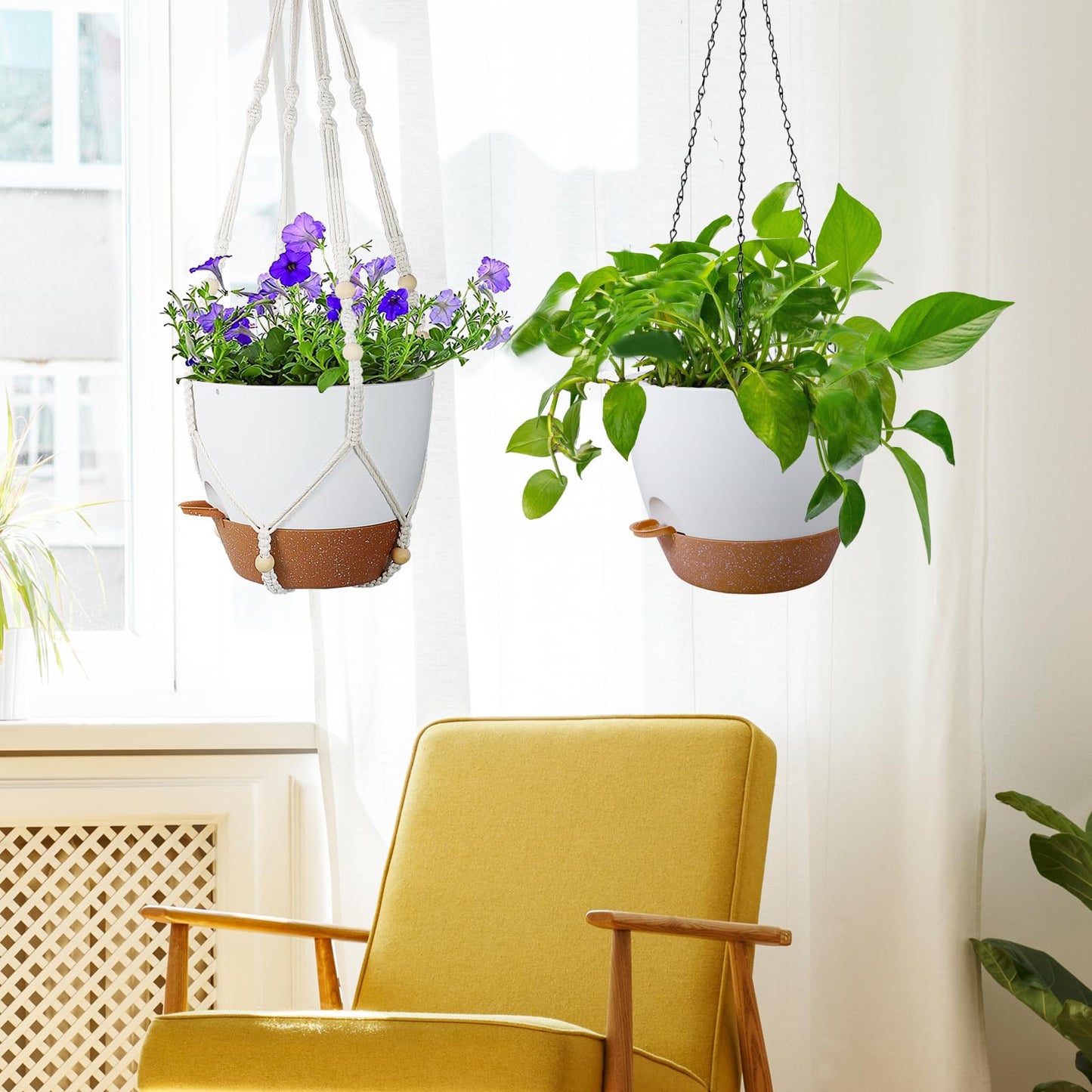 Meowell 10 inch Self Watering Hanging Planters, 2 Pack Hanging Baskets for Indoor Outdoor Plants, Hanging Flower Pots with Drainage Holes & 2 Kinds of Plant Hangers for Garden Home Décor, White Brown