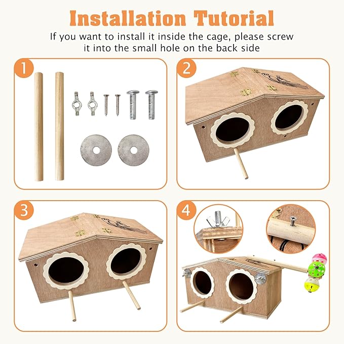 PINVNBY Parakeet Nesting Box Bird House for Cage Wood Bird Breeding Box with Bell Toys for Lovebirds Cockatoo Budgie Finch Canary Small and Medium-Sized Birds (Large: 11.02 * 6.06 * 6.06 inch)