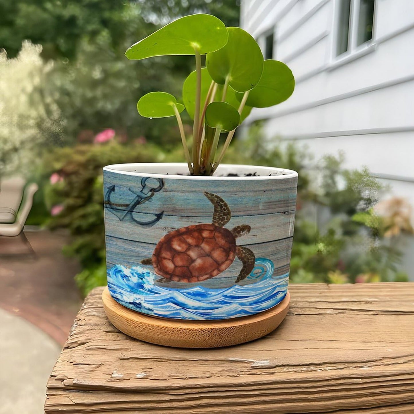 DreamAutumn Ocean Theme Sea Turtle Ceramic Pots for Plants with Drainage Holes Round Flower Pot Bamboo Tray Orchid Pot Succulents Pots for Outdoor Indoor Plants,Housewarming Gifts