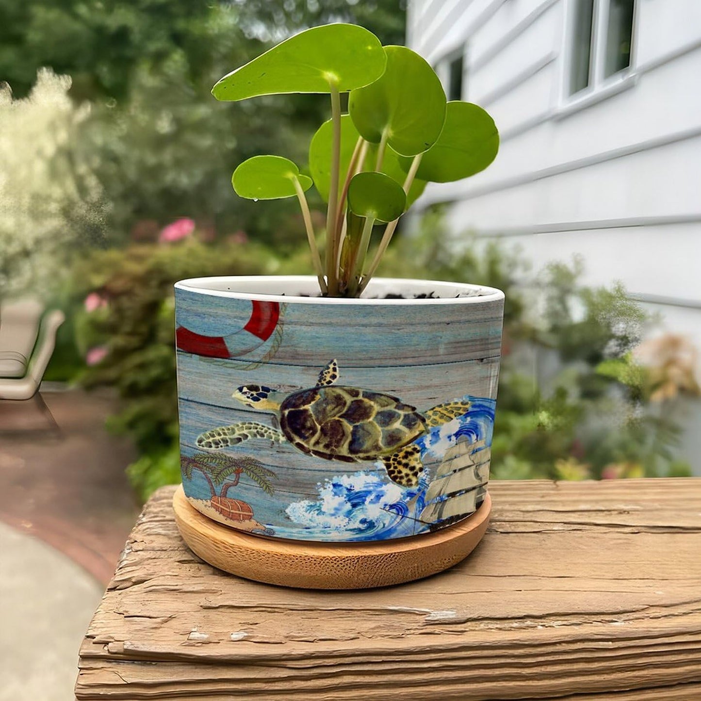 DreamAutumn Planters Ceramic Ocean Theme Sea Turtle Ceramic Pots with Drainage Holes Round Flowerpot Bamboo Tray Plant Pots for Succuelnt and Little Snake Plants Pots for Nana Mommy Grandma