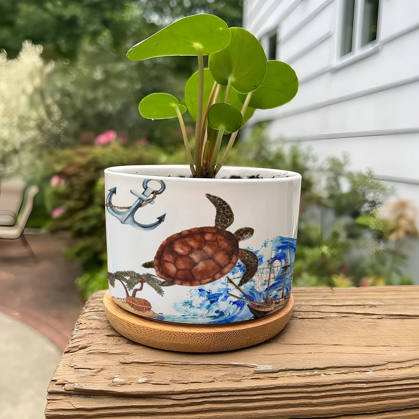 DreamAutumn Ocean Theme Sea Turtle Ceramic Pots for Plants with Drainage Holes Round Flower Pot Bamboo Tray Orchid Pot Succulents Pots for Outdoor Indoor Plants,Housewarming Gifts