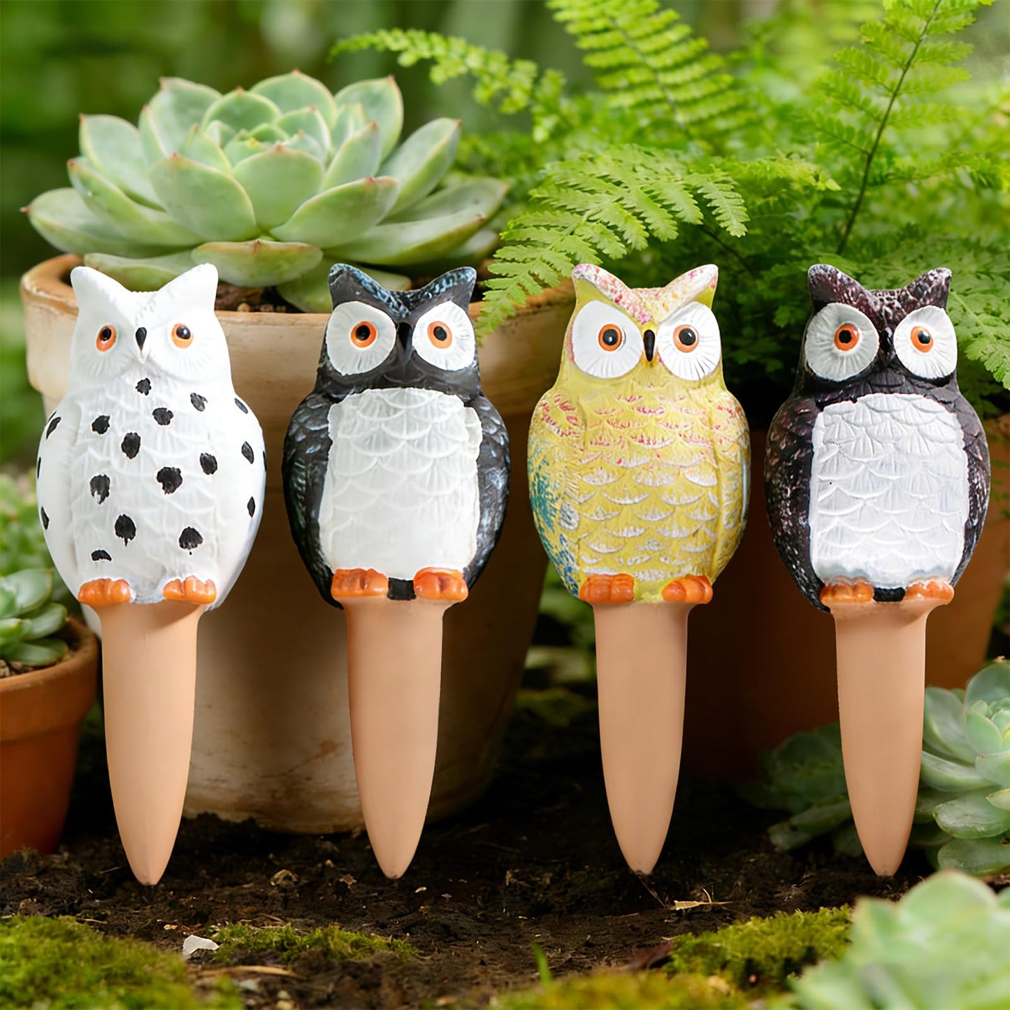 MCleanPin 4 Pack Self Watering Spikes and Globes, Handmade Terracotta Owl Self-Watering Plant Devices with Slow Release System, Automatic Water Bulbs for Indoor and Outdoor Garden Pots Vacation