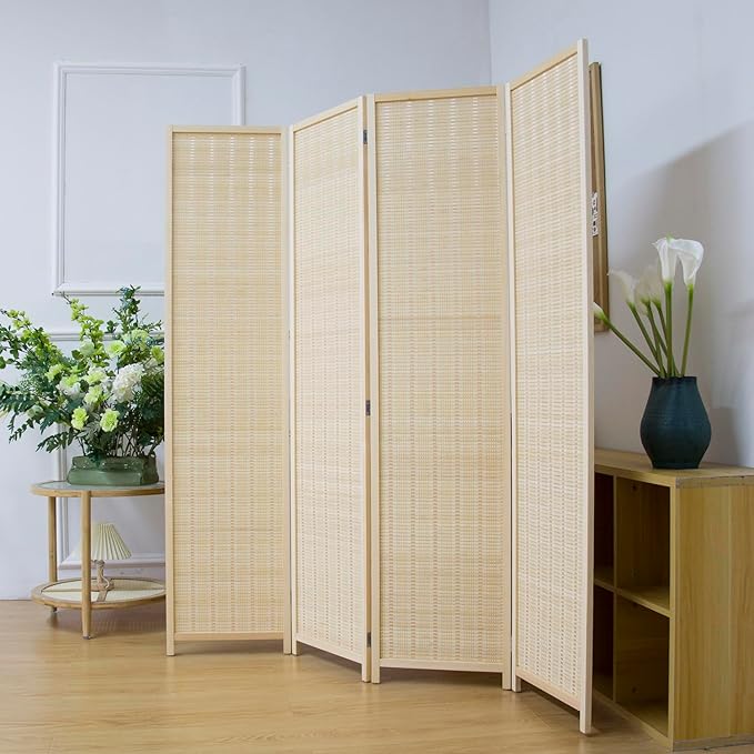 4 Panel Bamboo Room Divider Screen, 5.6 FT Tall Bamboo Divider Folding Privacy