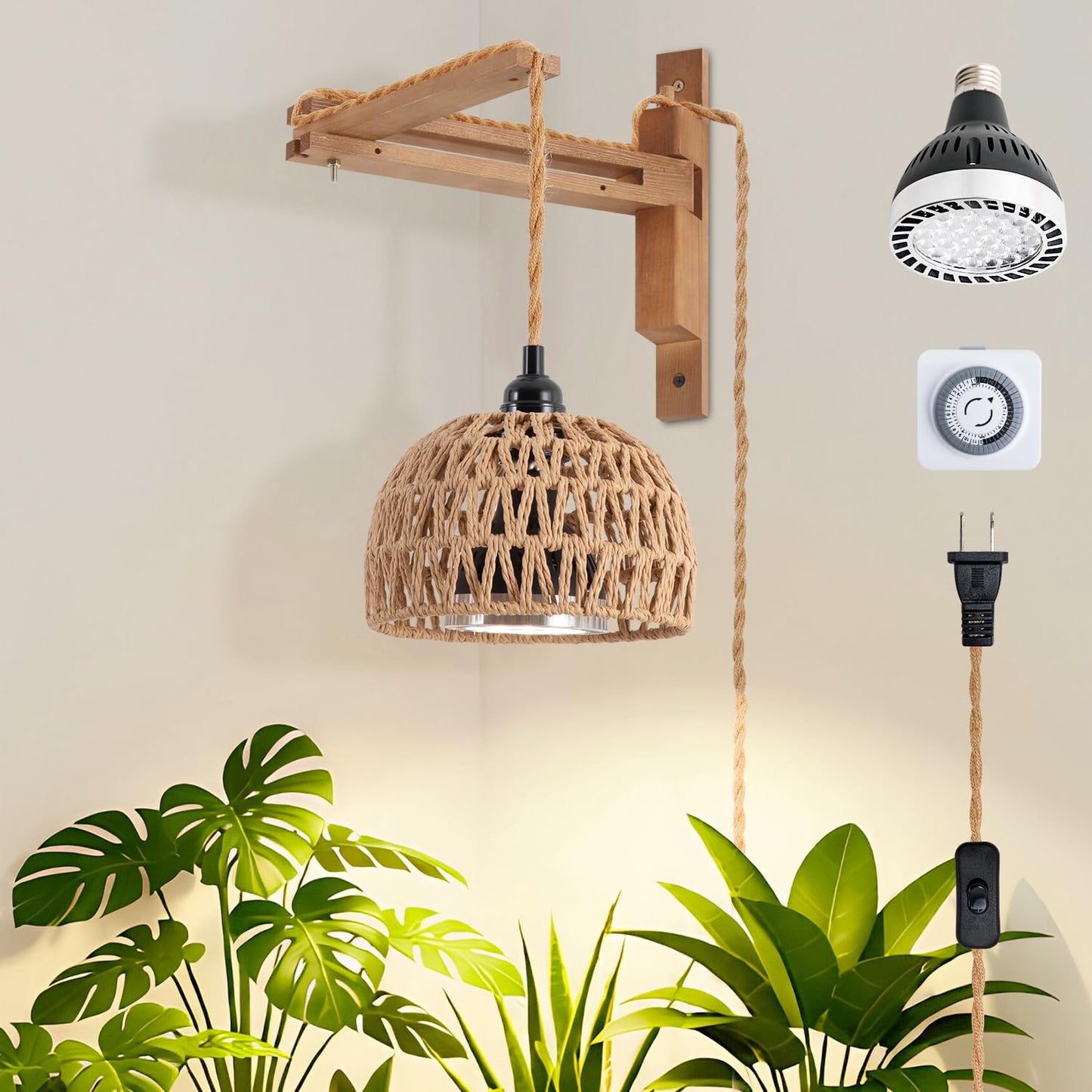 30W 4000K Indoor Plant wall Mounted Growth Light, Bohemian Style wall Mounted Plant Light with Timer, Equipped with a 14 Foot Power Cord, Suitable for Indoor Plant Cultivation and Floral Display