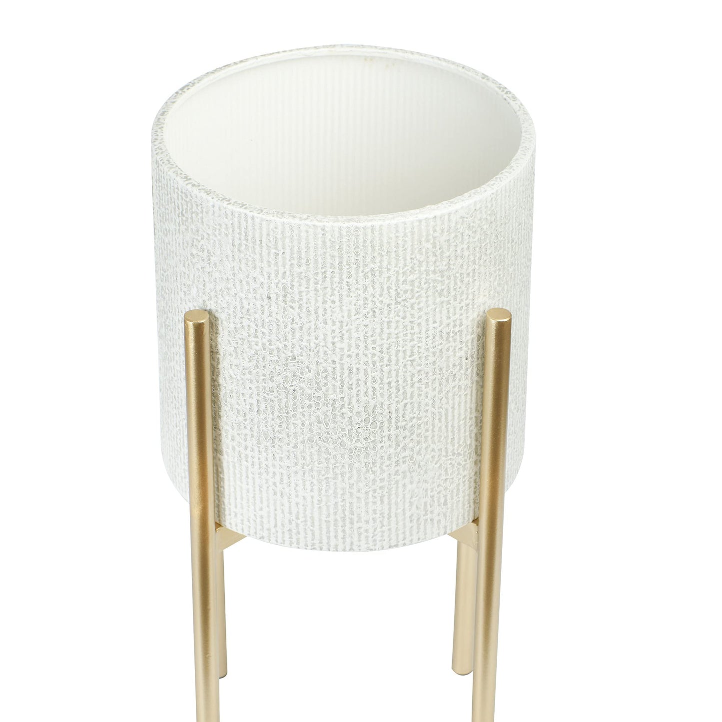 Main + Mesa Modern Boho Embossed Metal Planters with Stands, White and Gold, Set of 2 Sizes