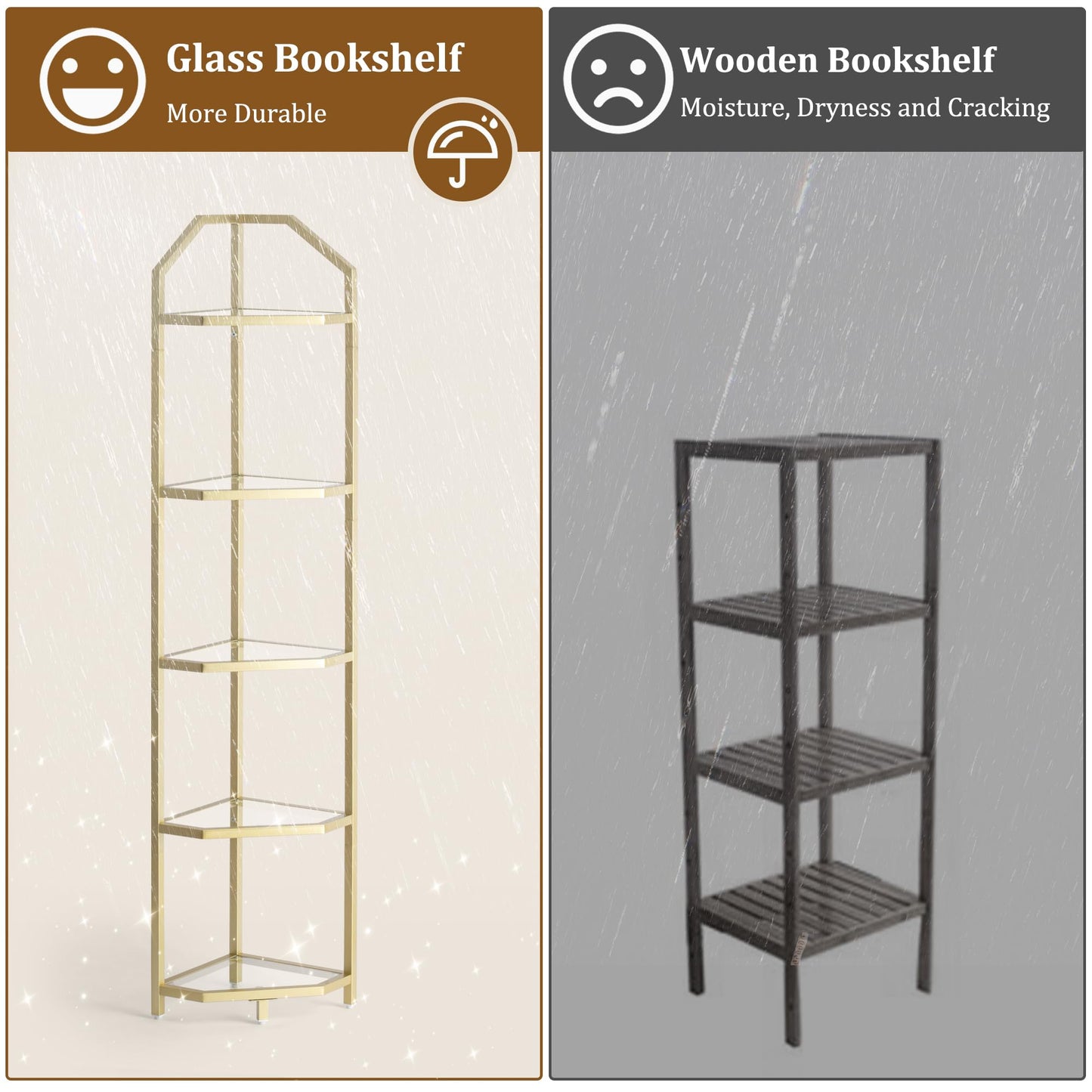 5-Tier Corner Shelf Stand, Gold Corner Bookshelf, Bathroom Storage Rack Shelf, Plant Rack, Tempered Glass, Steel Frame, Modern Style for Living Room, Bathroom, Kitchen, Metallic Gold