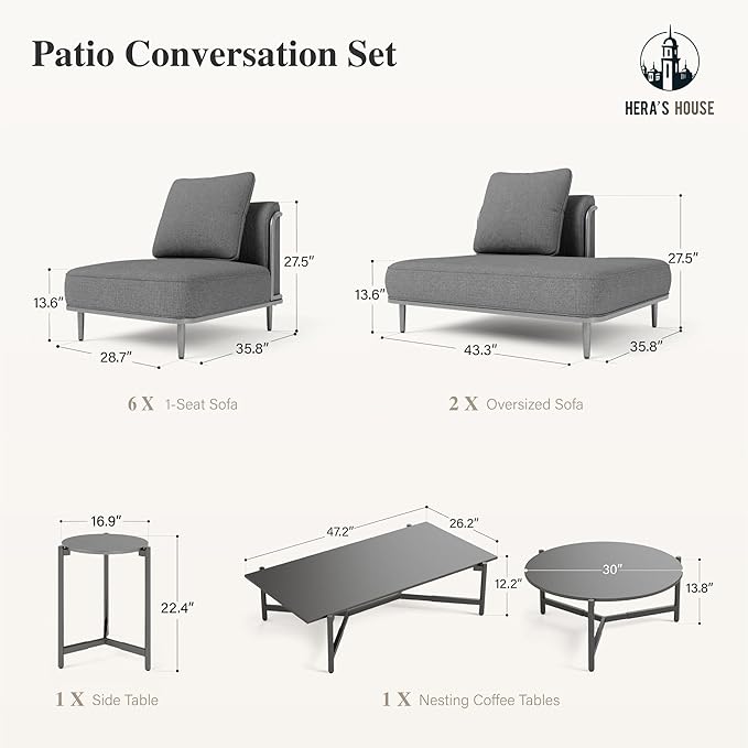 HERA'S HOUSE Metal Patio Furniture Set, Modular 10 Seats, 1 Nesting Coffee