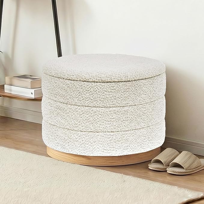 Round Storage Ottoman with Tray Lid, Folding Chenille Fabric Footrest with