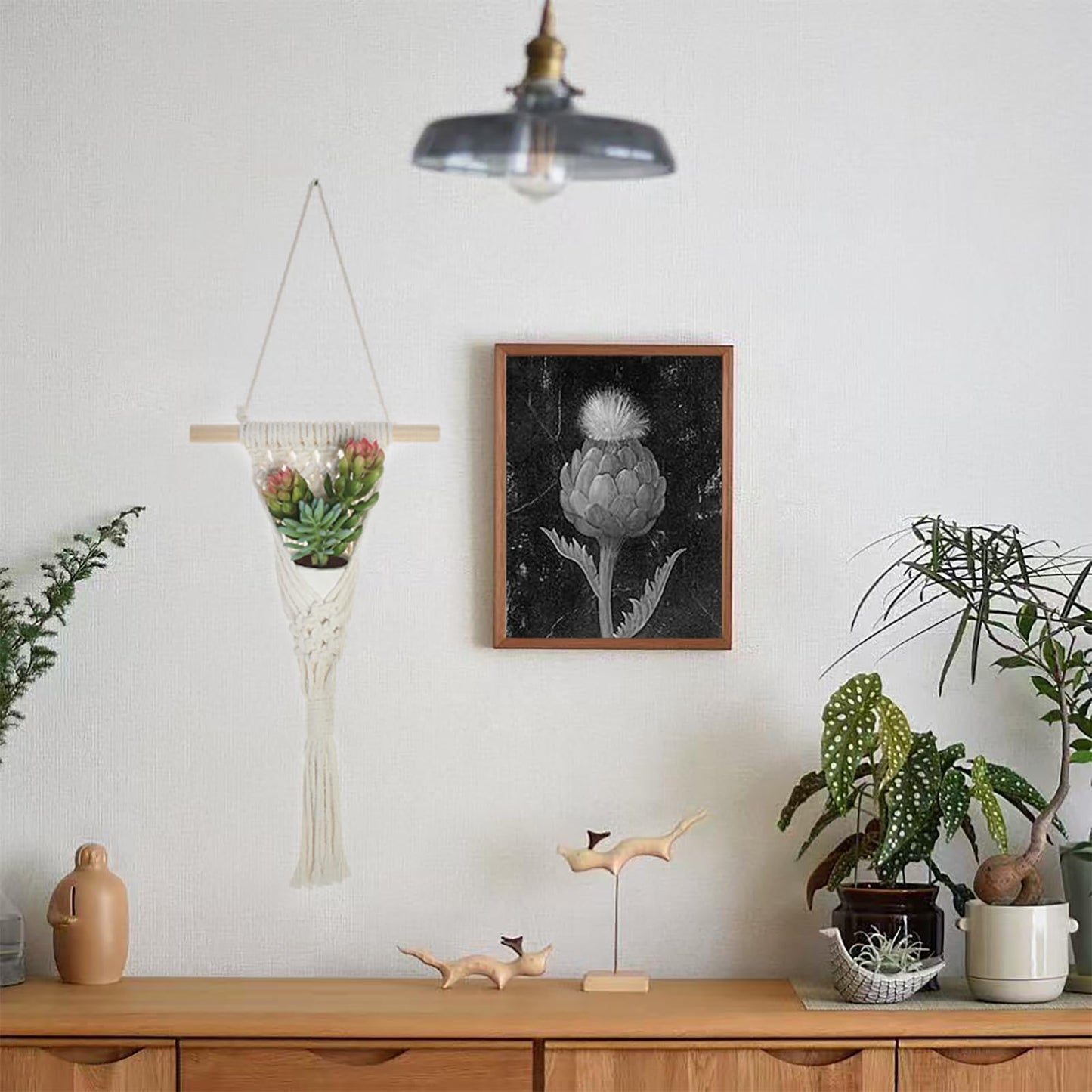 UBOSU Macrame Wall Hanging with Artificial Succulent Plants, White Cotton Rope, Wooden Dowel, Boho Wall Decor (Succulent 1pcs)