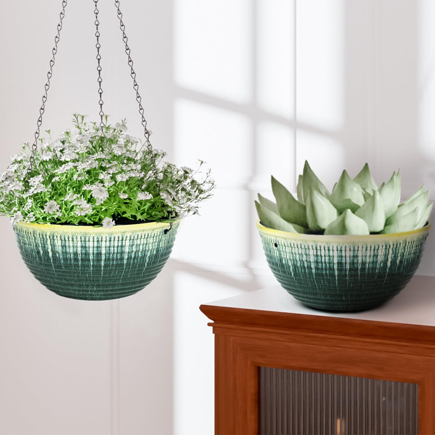 LESOASIS 10inch Hanging Planter, 2 Pack Hanging Planters for Indoor and Outdoor Plants, Glazed Hanging Plant Holder with Drainage, Indoor Hanging Flower Pots for Garden Home (Green Glaze)