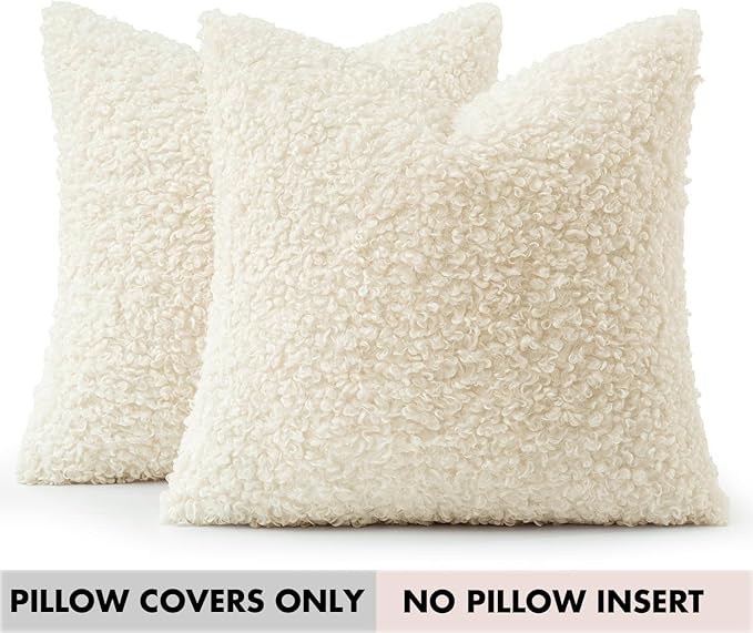 Faux Fur Throw Pillow Covers 18x18 Inch Set of 2 Boucle Neutral Decorative
