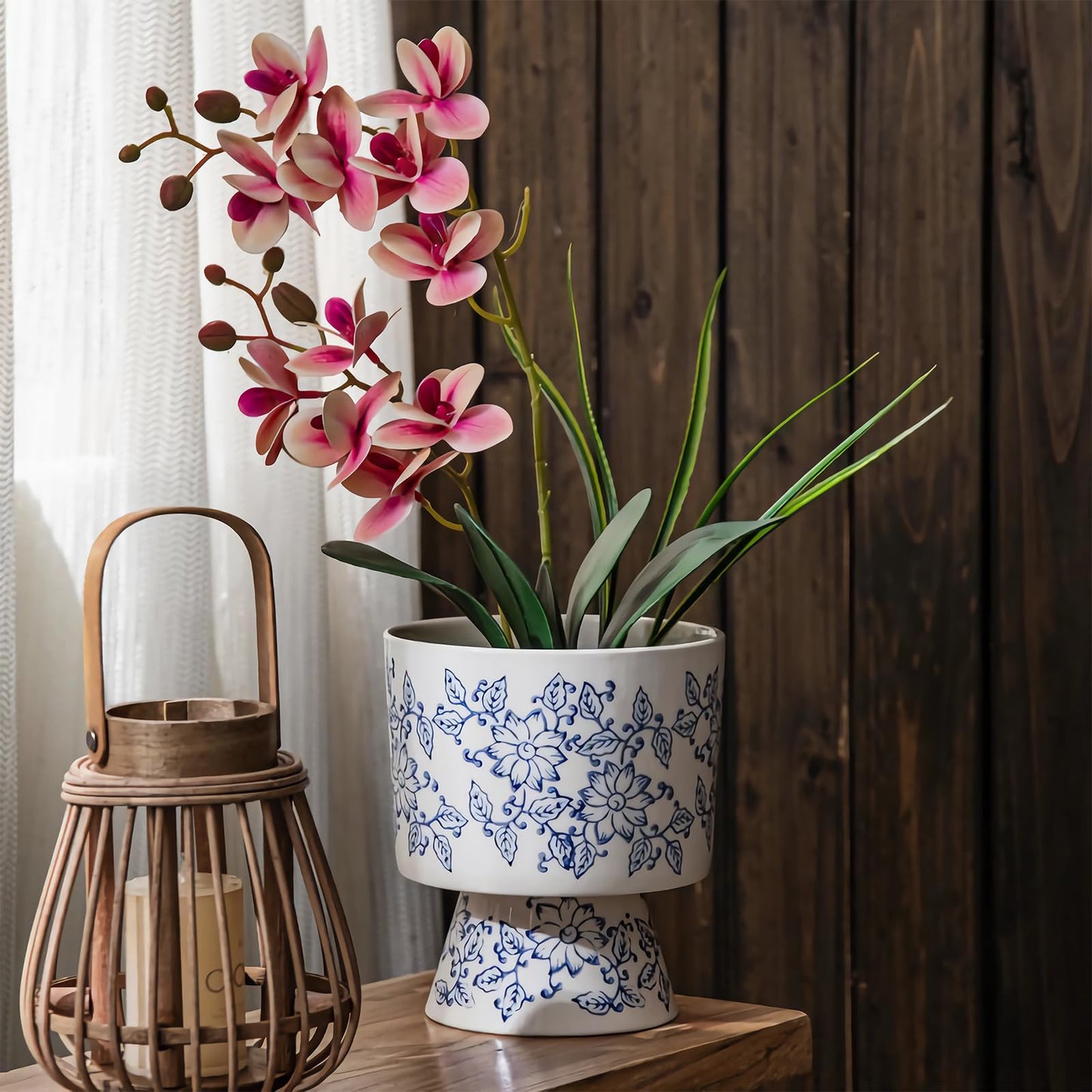 Blue and White Ceramic Flower Pot with Drainage Hole ,Elegant Succulent Plants and Orchid Planters, Home Decor Flowerpots with Tall Cup Shape Suitable for Tiger Tail Orchid and Floral Plants