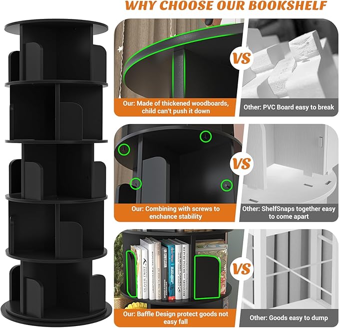 Aheaplus Rotating Bookshelf, 360 Display Wood Spinning Bookshelf Tower
