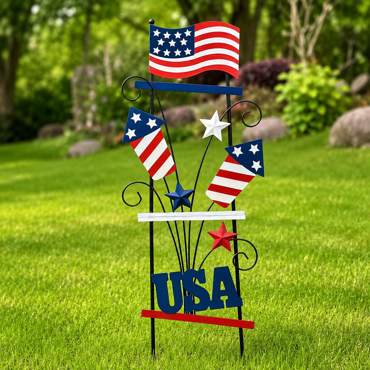 WKHOMEDECO 4th of July Decorations Outdoor, 30 Inch Metal Patriotic Garden Stakes, USA Yard Sign with American Flag, Red White and Blue Yard Decorations for Memorial Day Lawn Porch