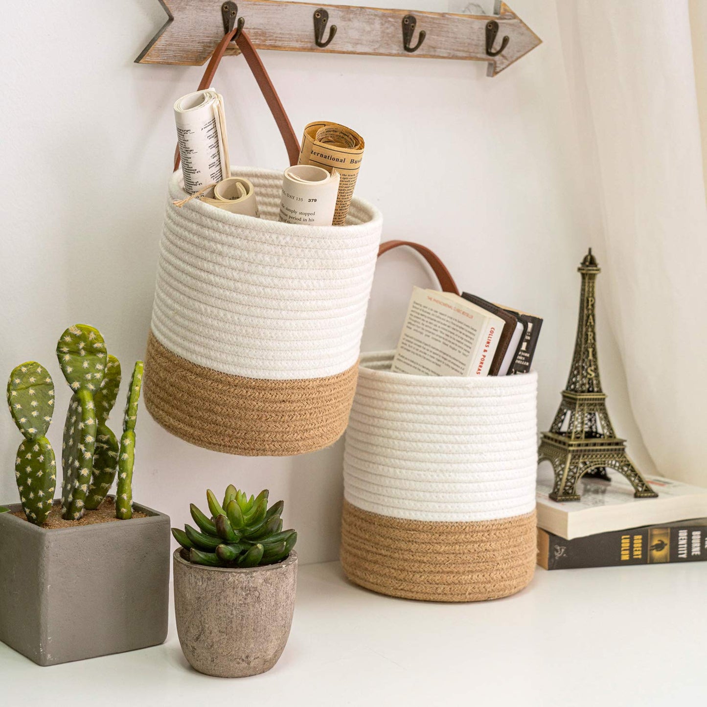 Goodpick 2pack Jute Rope Hanging Basket - Small Woven Fern Wall Hanging Baskets Flower Plants, Woven Basket Key Storage Baskets, White and Jute 7.87 x 7 x 11.7 inches