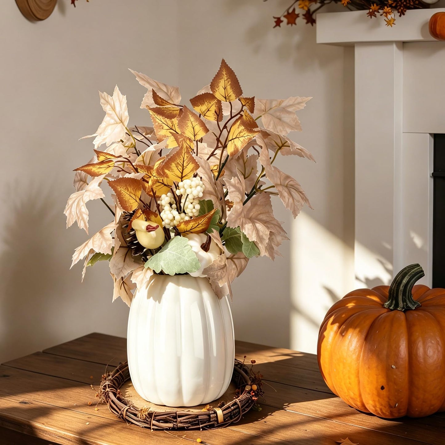 Beeveer Fall Table Centerpieces White Ceramic Pumpkin Vase Decor with Artificial Maple Leaves and Berries Thanksgiving Harvest Home Decor