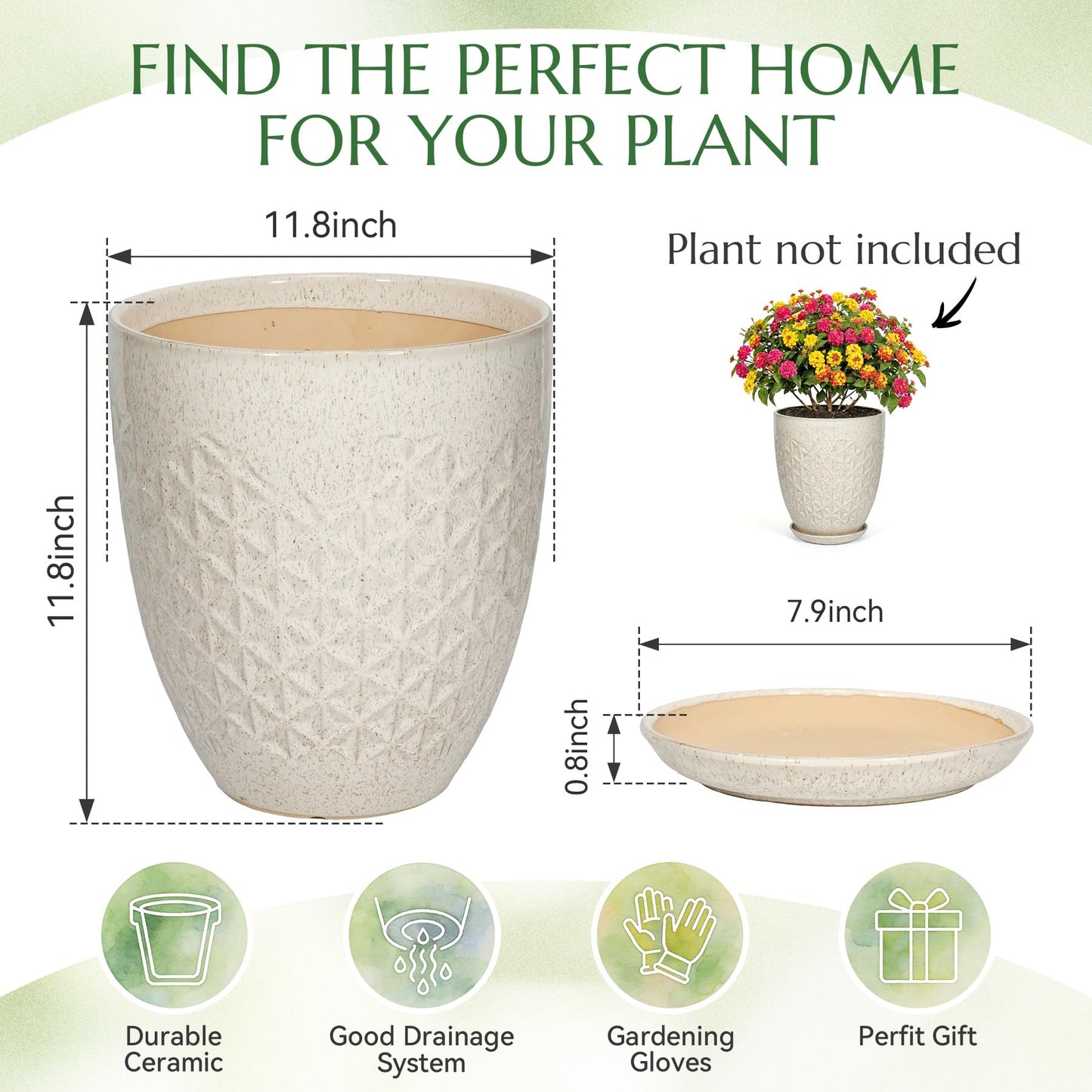 TOSELBAI 11.8 Inch Flower Pots for Indoor Plants,Ceramic Planter with Saucer Drainage Leak-Proof Mesh Gardening Gloves (Silk-White)