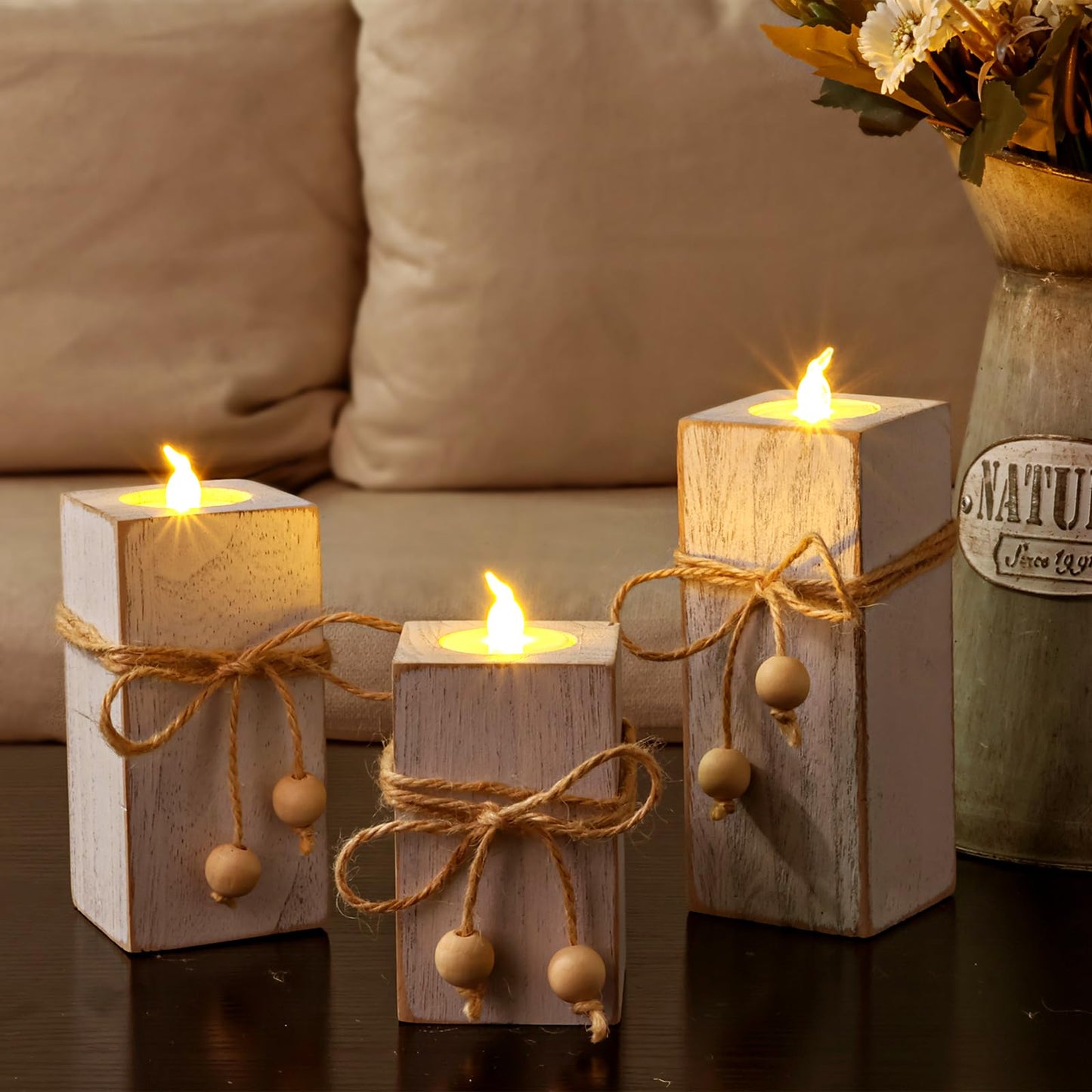 MelonBoat Rustic Flameless LED Candles 3-Pack, Battery Operated Candles with Wooden Candle Holders, White Rustic Farmhouse Decor, Farmhouse Candle Holder for Valentines Holiday Party Home Decor