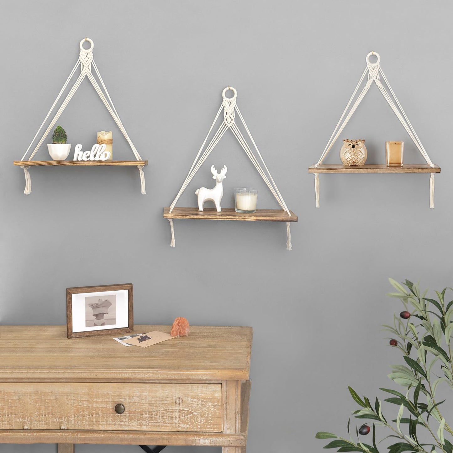 Mkono Woven Storage Basket Decorative Rope Basket and Macrame Hanging Shelves Boho Wall Decor Set of 3