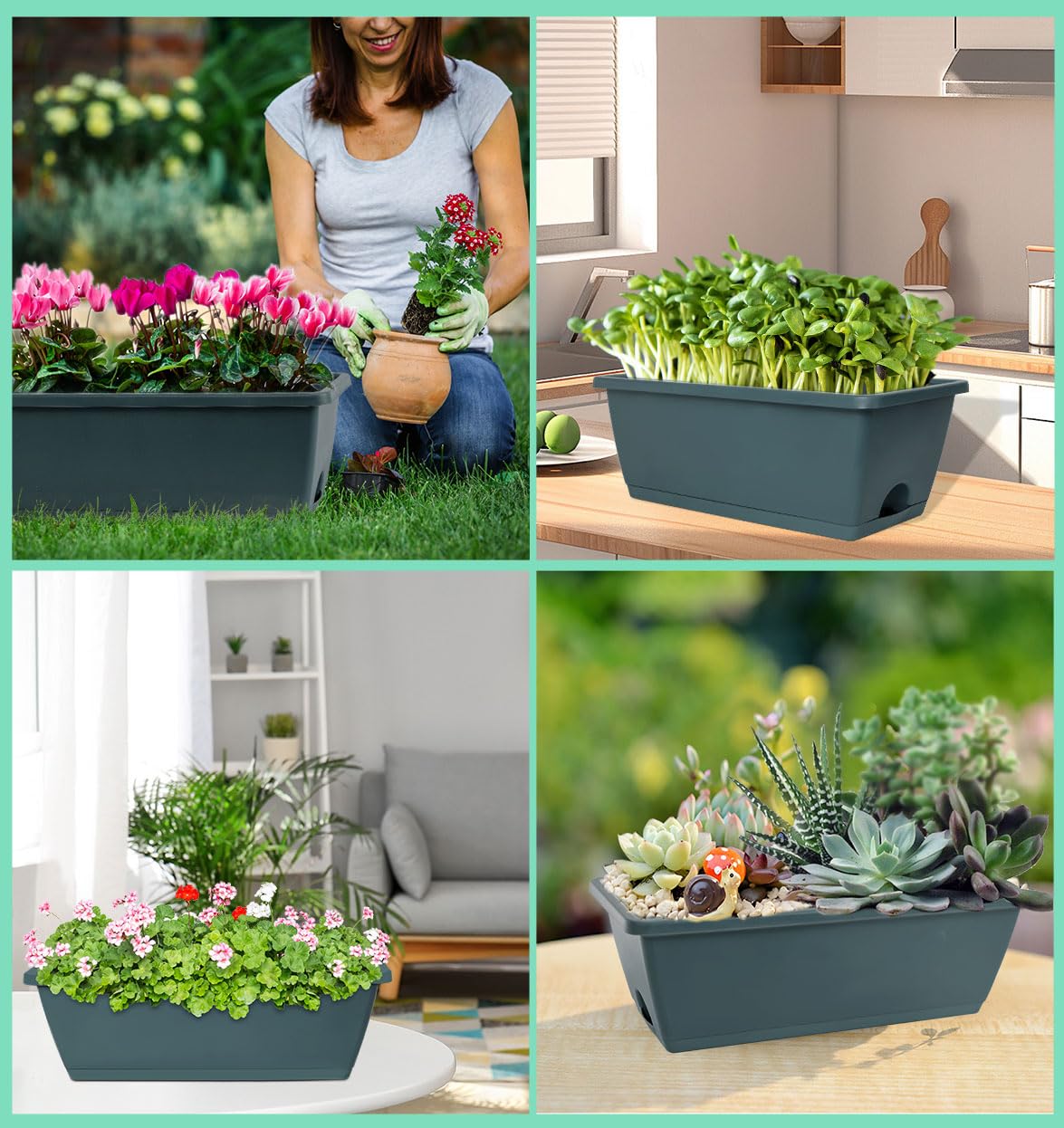 LOCONHA Window Box Planter, Plastic Vegetable Flower Planters Boxes 17 Inches Rectangular Flower Pots with Saucers for Indoor Outdoor Garden, Patio, Home Decor (7, Army Green)