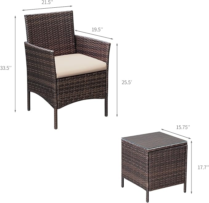 Greesum 3 Pieces Patio Furniture Sets Outdoor PE Rattan Wicker Chairs
