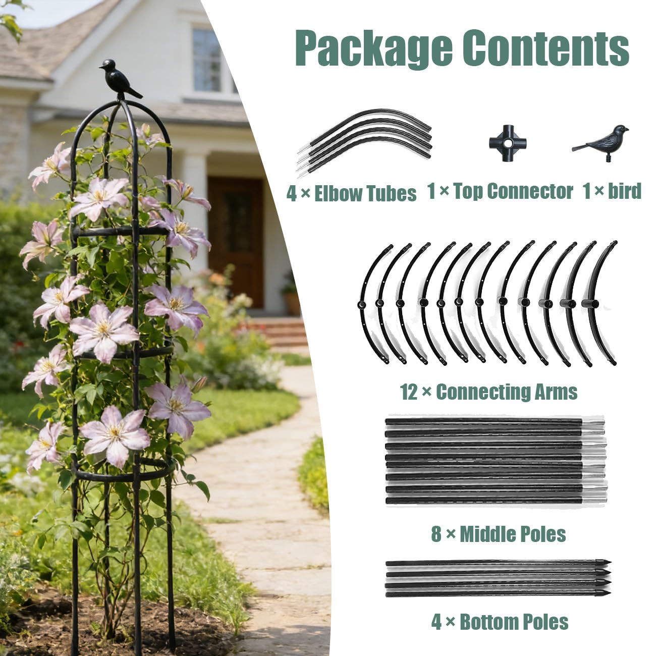 Garden Trellis, 63" Plant Support with Bird Decoration, Plant Trellis for Climbing Vines,Black Decorative Garden Cage for Climbing Roses, Clematis, Vegetables in Patio & Yard-1PACK