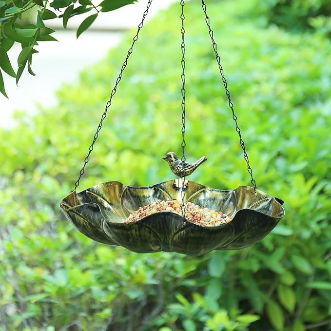 MUMTOP Hanging Bird Baths for Outdoors - Metal Bird Bath, 11.6 Inch Flower Shape Birdbath Bird Feeder Bowl for Outside, Garden, Lawn Yard Decor(Silver)