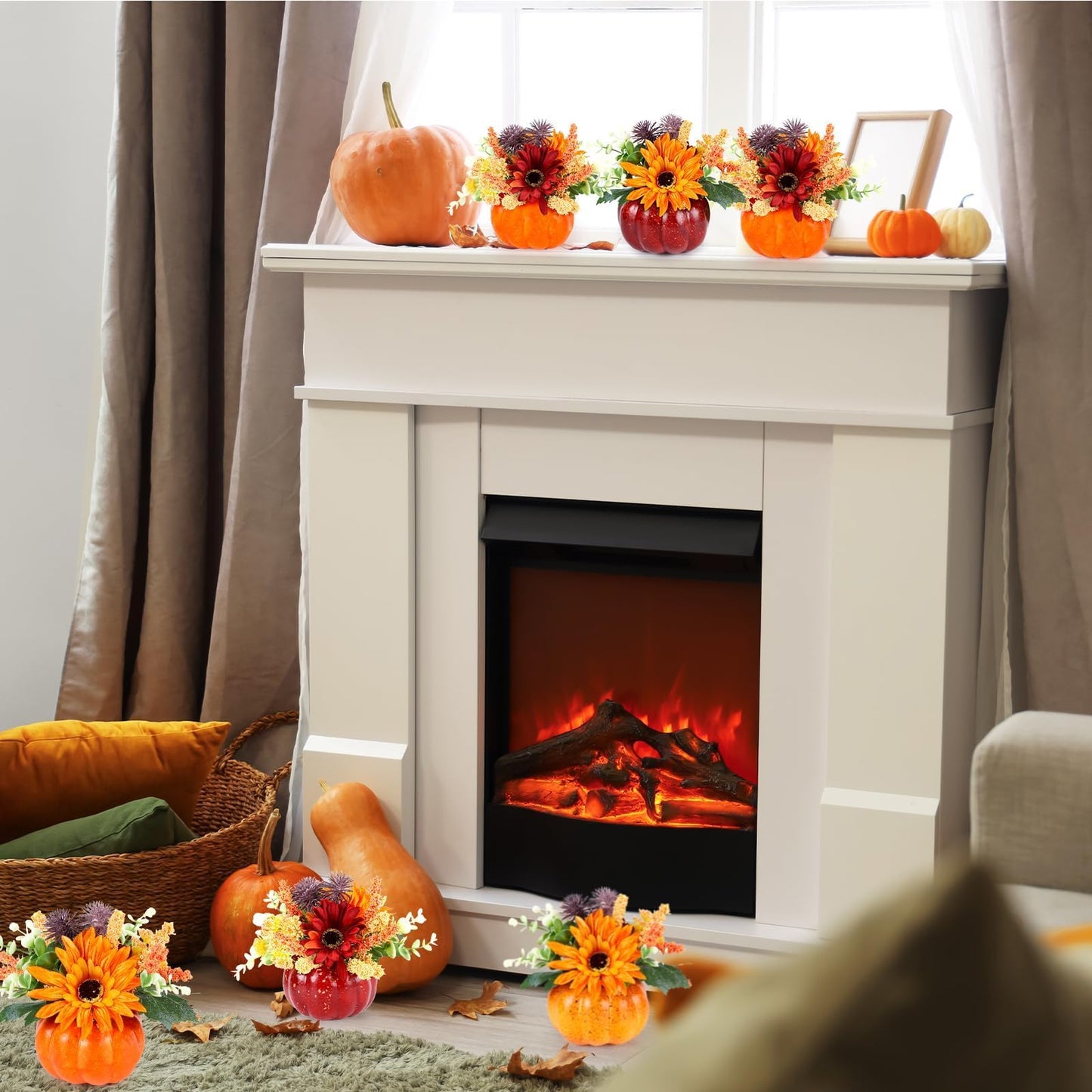 Set of 6 Mini Fall Pumpkin with Artificial Flower Decorations Thanksgiving Sunflower Centerpieces for Tables Harvest Fall Table Floral Decor Autumn Fireplace Mantle Living Room Home Kitchen Party
