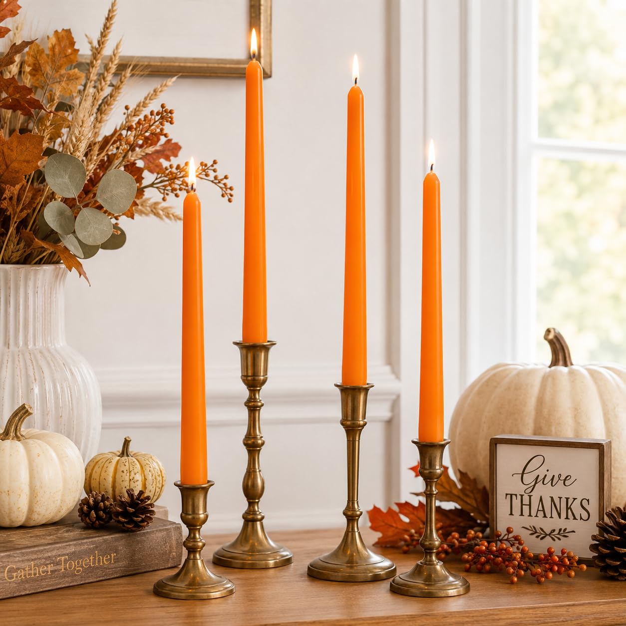 Pumpkin Orange Taper Candles Set of 4, 10 Inch Handmade Candle Stick, Unscented Candlesticks, Tapered Candles for Halloween Fall Table Decor Gift