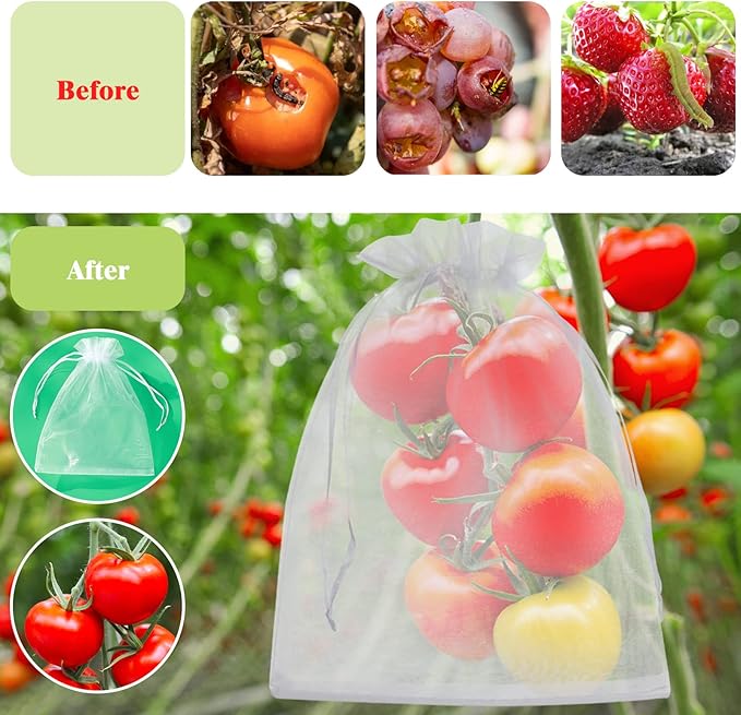50 Pcs White Fruit Netting Bags - 6x9" Mesh Bags with Drawstring for Grapes, Mango, Veggies