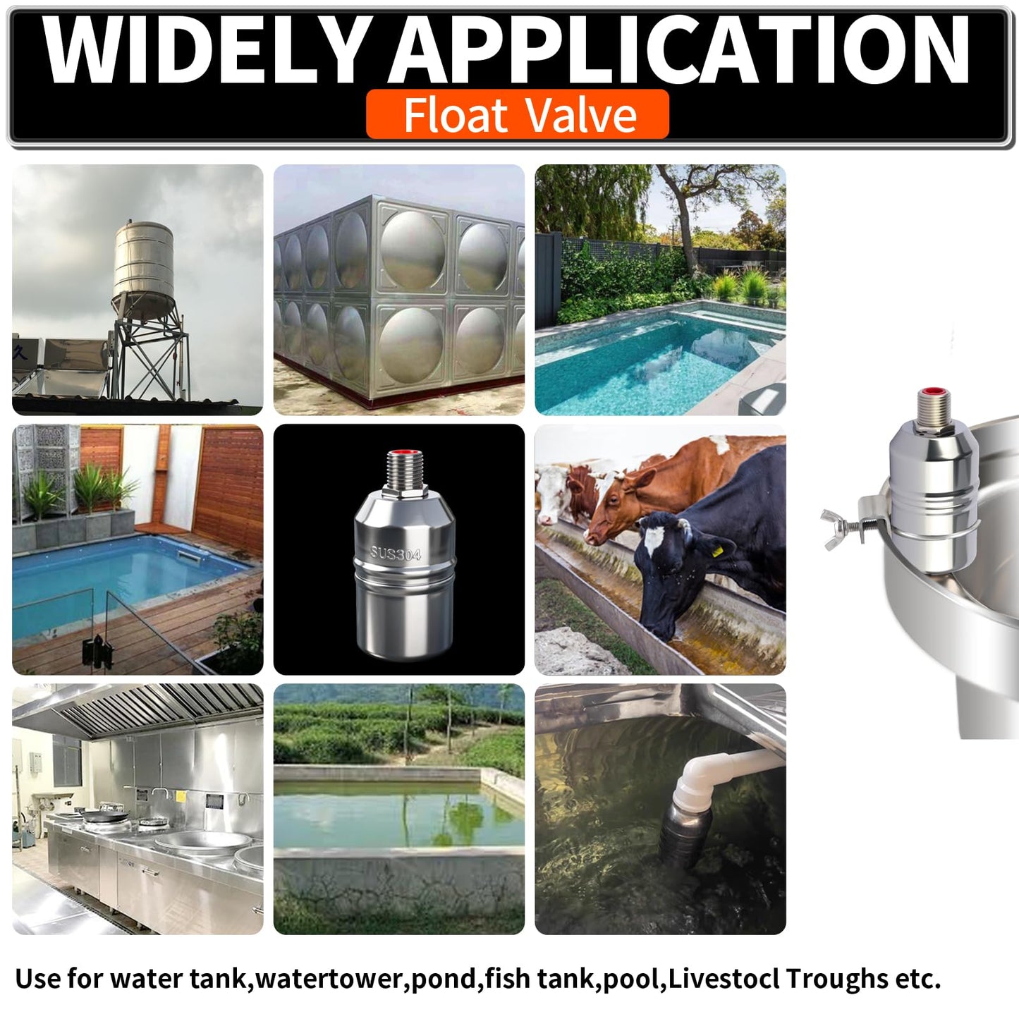 1/2“ 304 Stainless Steel Automatic Water Level Control Float Valve for Water Tank, Cattle Trough, Pools, Livestock (With Elbow, Metal Clip, 1/2" to 3/4" adapter) (2-Pack)