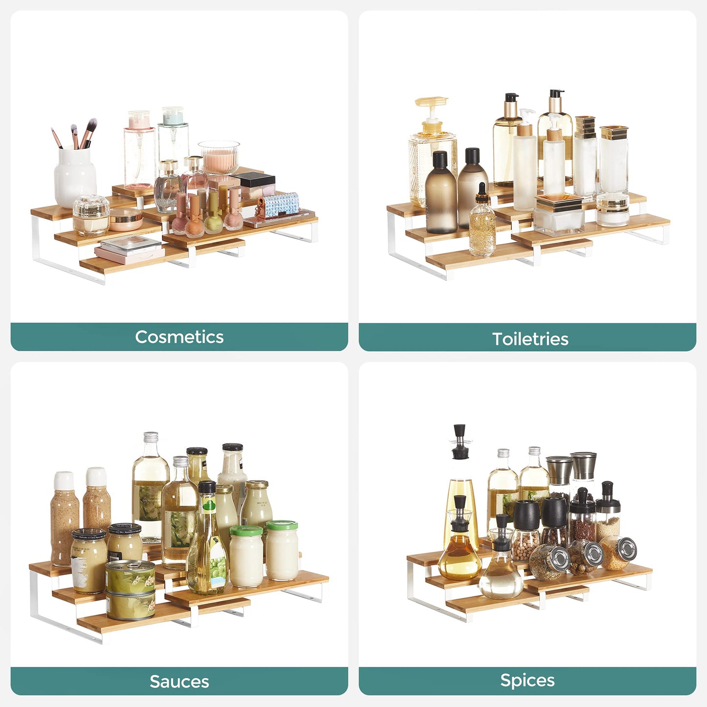 SONGMICS Display Risers, Set of 2 Engineered Wood Perfume Organizer Stand, 3-Tier Cupcake Stand Holder, Spice Rack, Shelf Risers for Figures, Dessert Shelves, Natural Beige and Cloud White UKCS016N02