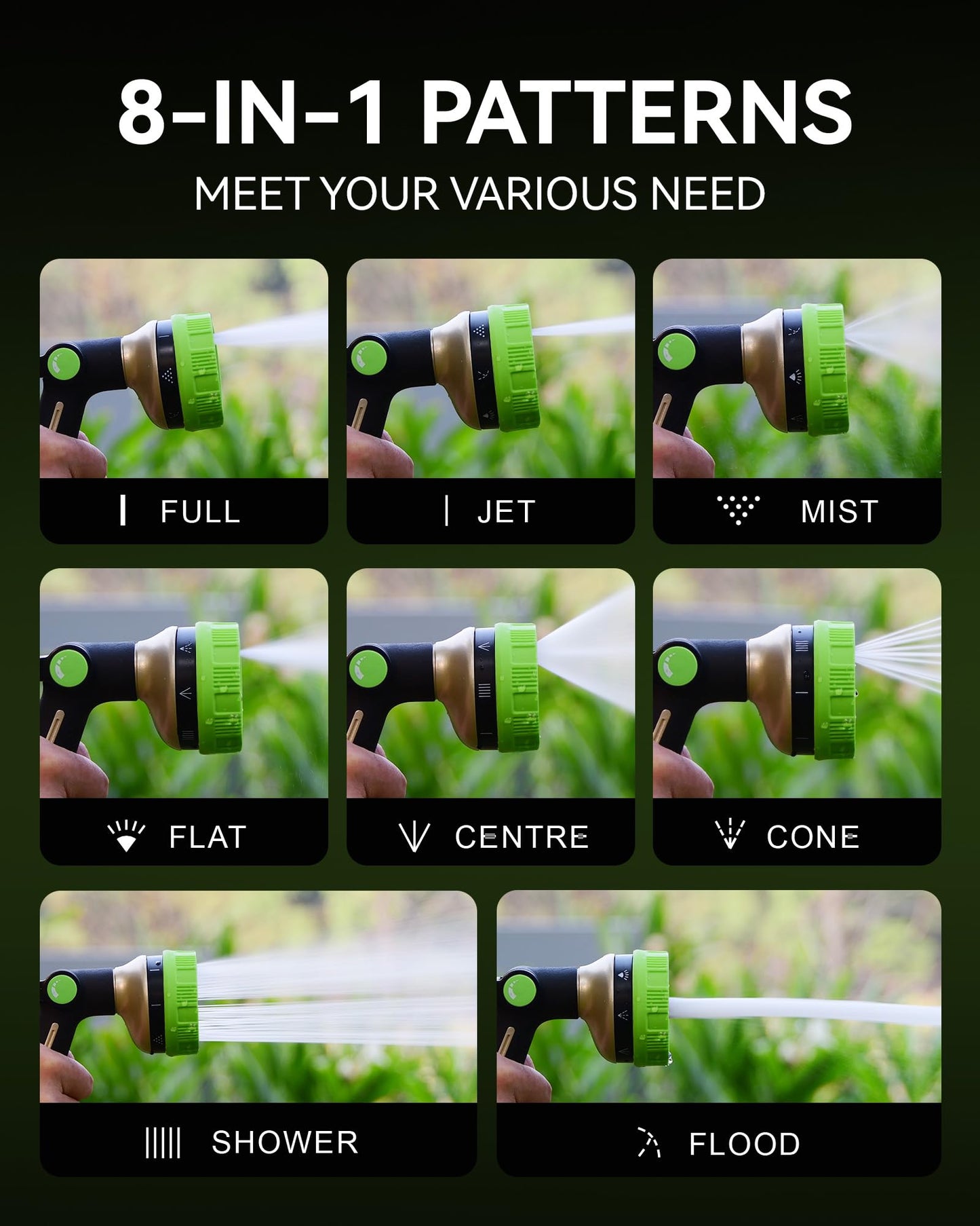 RAINPOINT Hose Sprayer Nozzle Heavy Duty - 8 Spray Patterns Garden Hose Nozzle with Adjustable Flow Control for Watering Plants, Washing Cars,Washing Pets, Thumb Control (Green)