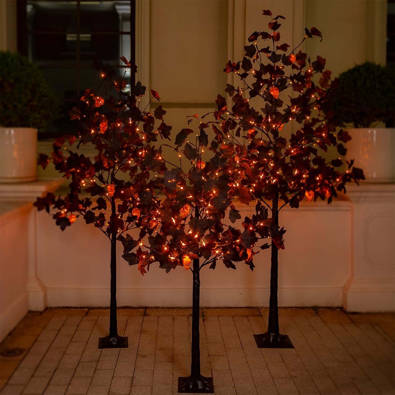 TYBEEU Halloween Decor Set ā 4ft, 5ft & 6ft Black Maple Trees with 384 LED Lights, 24 Skull Lights & Spiders, Dimmable Timer, 16ft Cord, Indoor & Outdoor Decoration