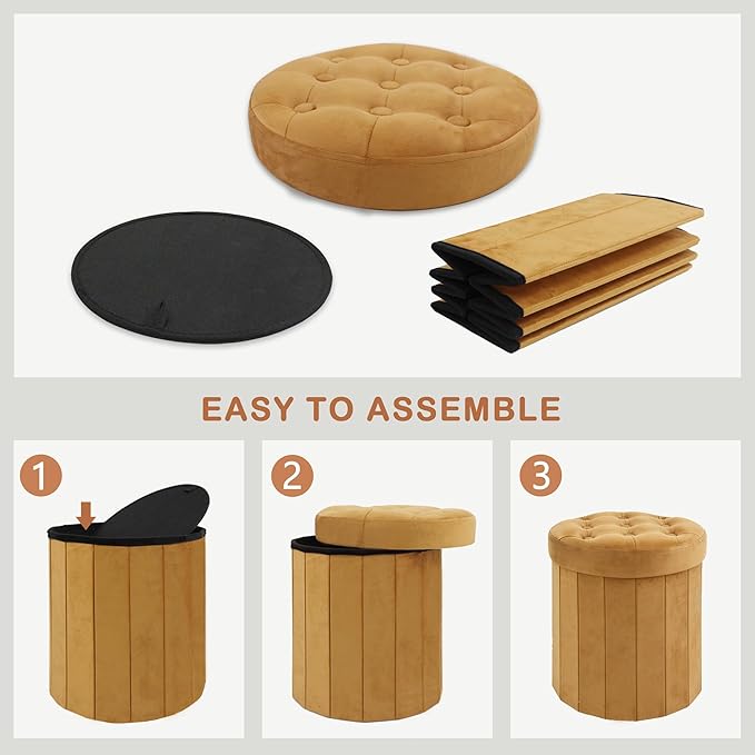 CAROLMADE Round Storage Ottoman, Velvet Folding Footrest Stool