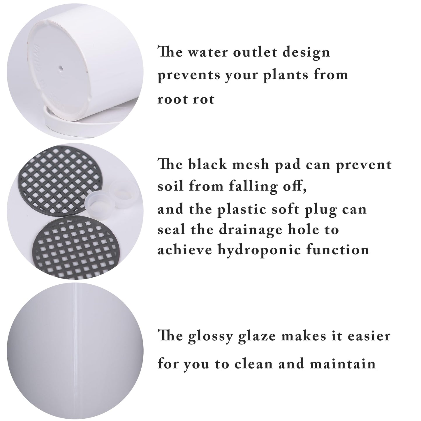 TERRASTELLA Ceramic Plant Pots with Saucers 5.3+4.3 Inch, Set of 2 Small White Flower Pots for Succulents, Herbs, Small Indoor Plants, with Drainage Hole, Mesh Pads & Plugs, Modern Home Decor Gift