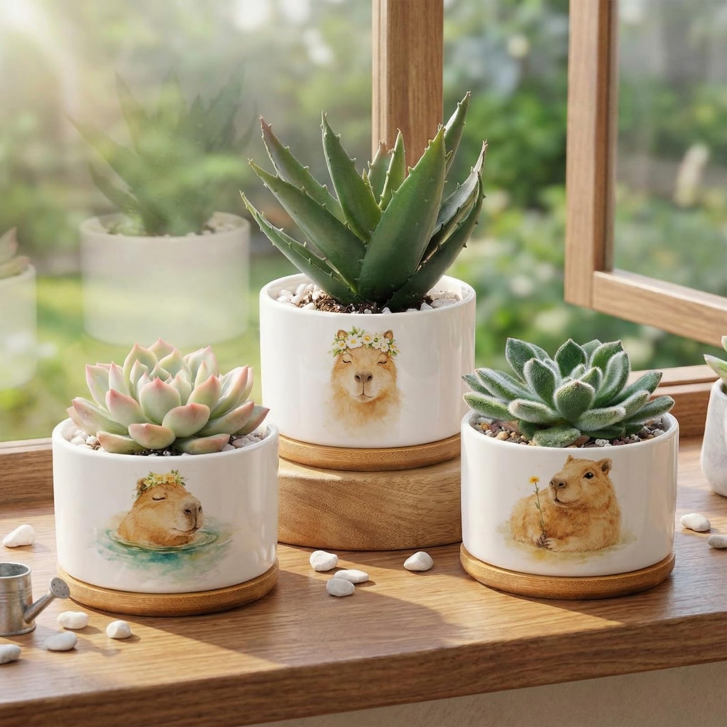 Jingmore 3 Pcs Capybara Decor Gift for Women Planter Ceramic Gift Animal Plant Pot with Bamboo Tray for Office Home Farm House Bathroom Kitchen Christmas Decorations (No Plants Included)