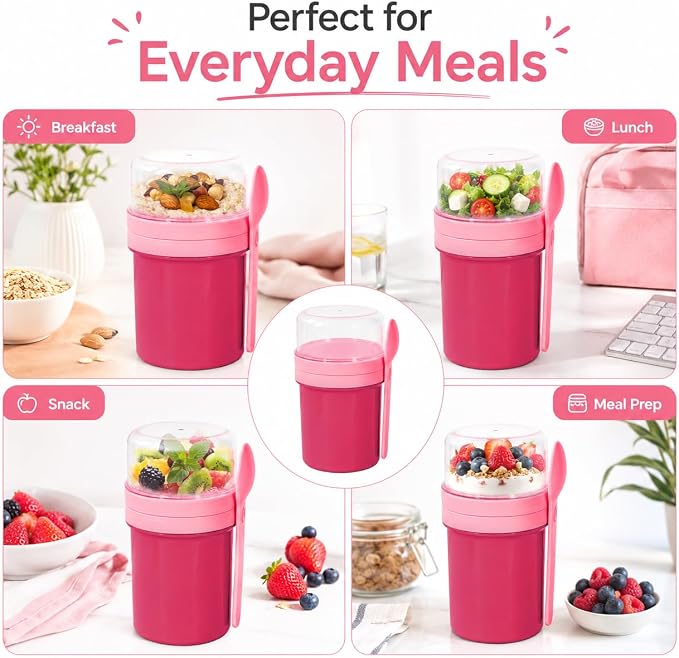 27oz Reusable Yogurt Parfait & Overnight Oats Cups – 100% Leakproof with Lid & Spoon for Meal Prep, Breakfast, Office & Gym (Pink)