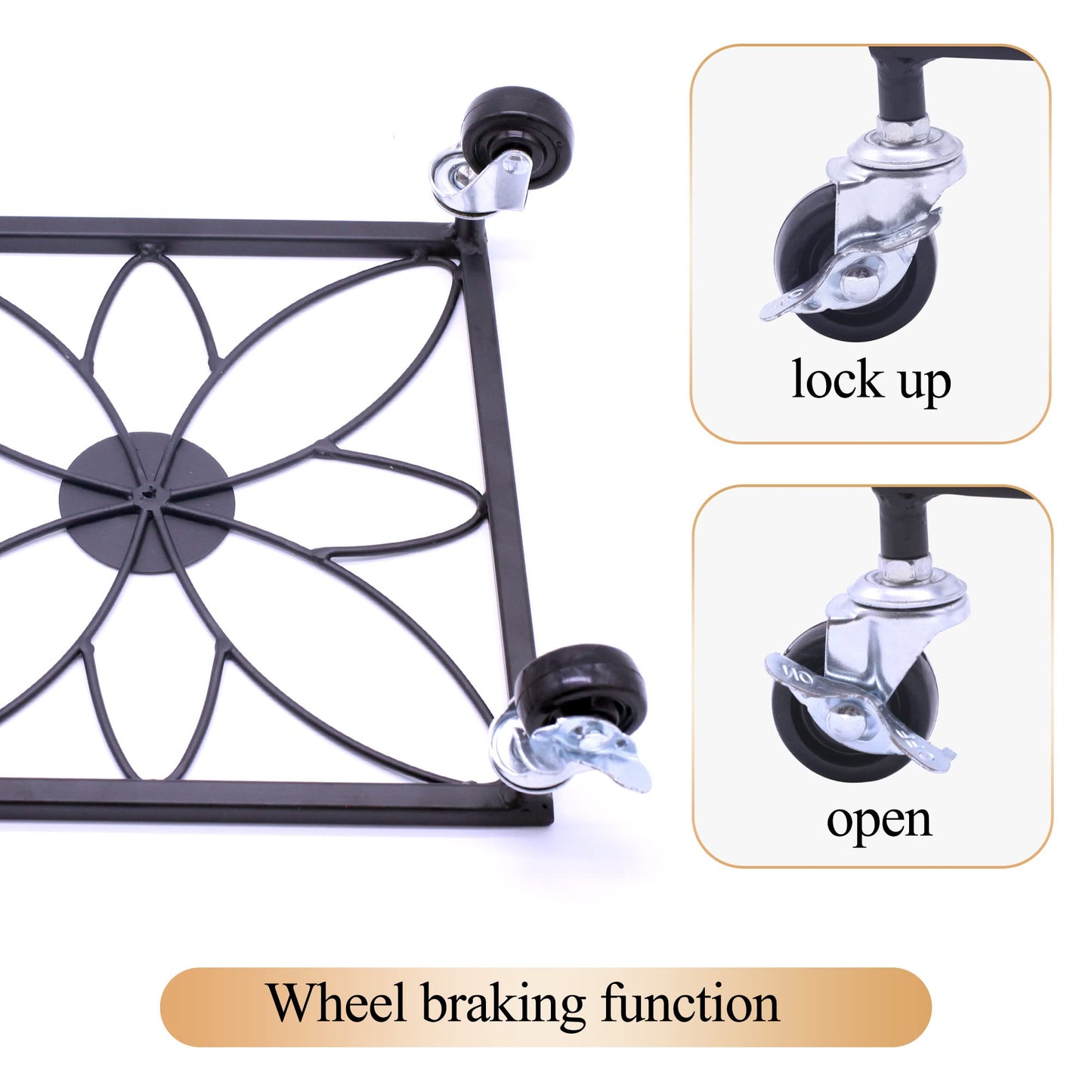 OFILLES 2pcs Black Metal Plant Stand with Wheels, Square Pattern Plant Caddy, Heavy Duty Plant Pot Stand for Indoor Outdoor