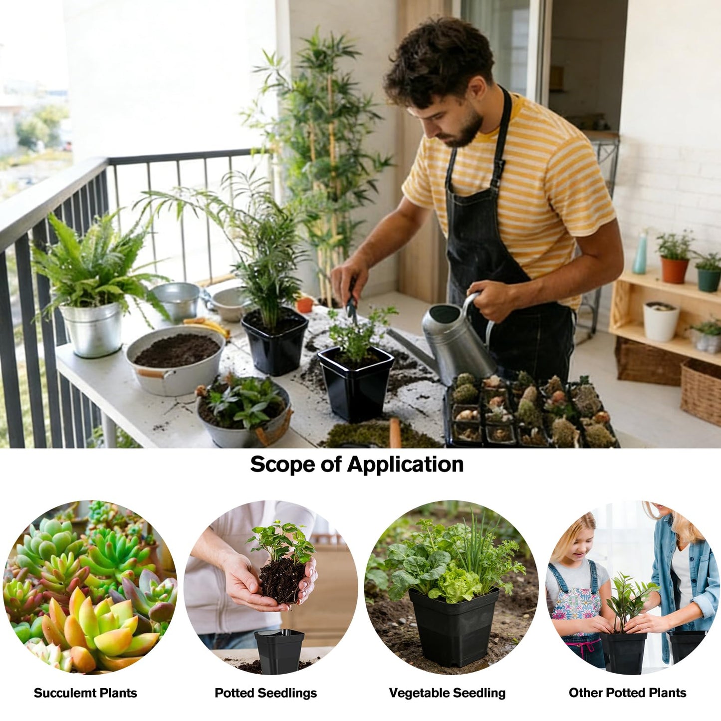 4 Inch Nursery Pots 80 Pack (Thickened Black ), Plastic Seed Starting Pots with Drainage Holes, Sturdy Seedling Pot for Succulents, Transplanting, Cuttings, Indoor Outdoor Garden Planting (80pcs)
