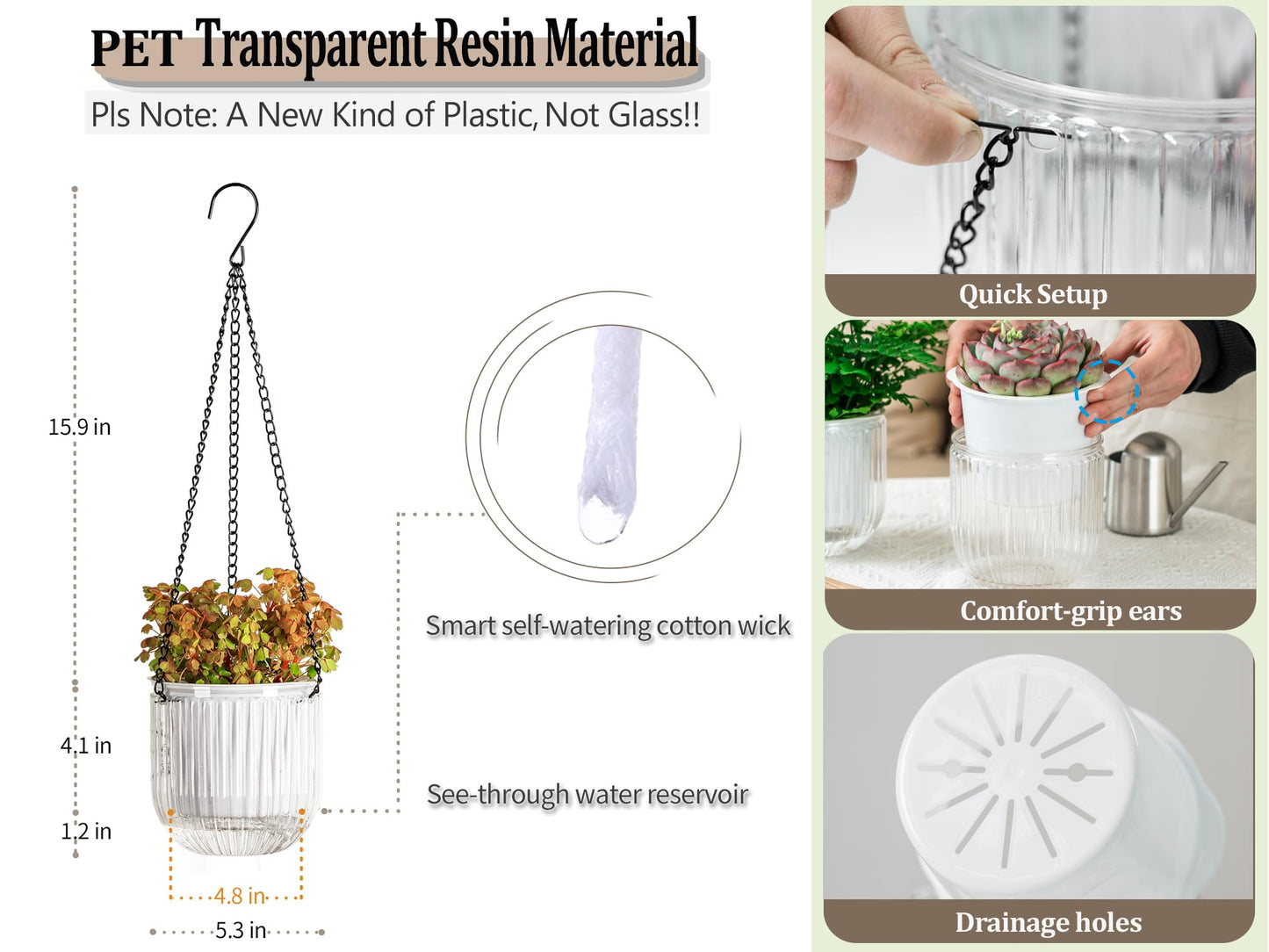 Melphoe 2 Pack Self Watering Hanging Planters Indoor Flower Pots, 5.3 Inch Outdoor Hanging Basket, Plant Hanger with 3Hooks Drainage Holes for Garden Home (White)